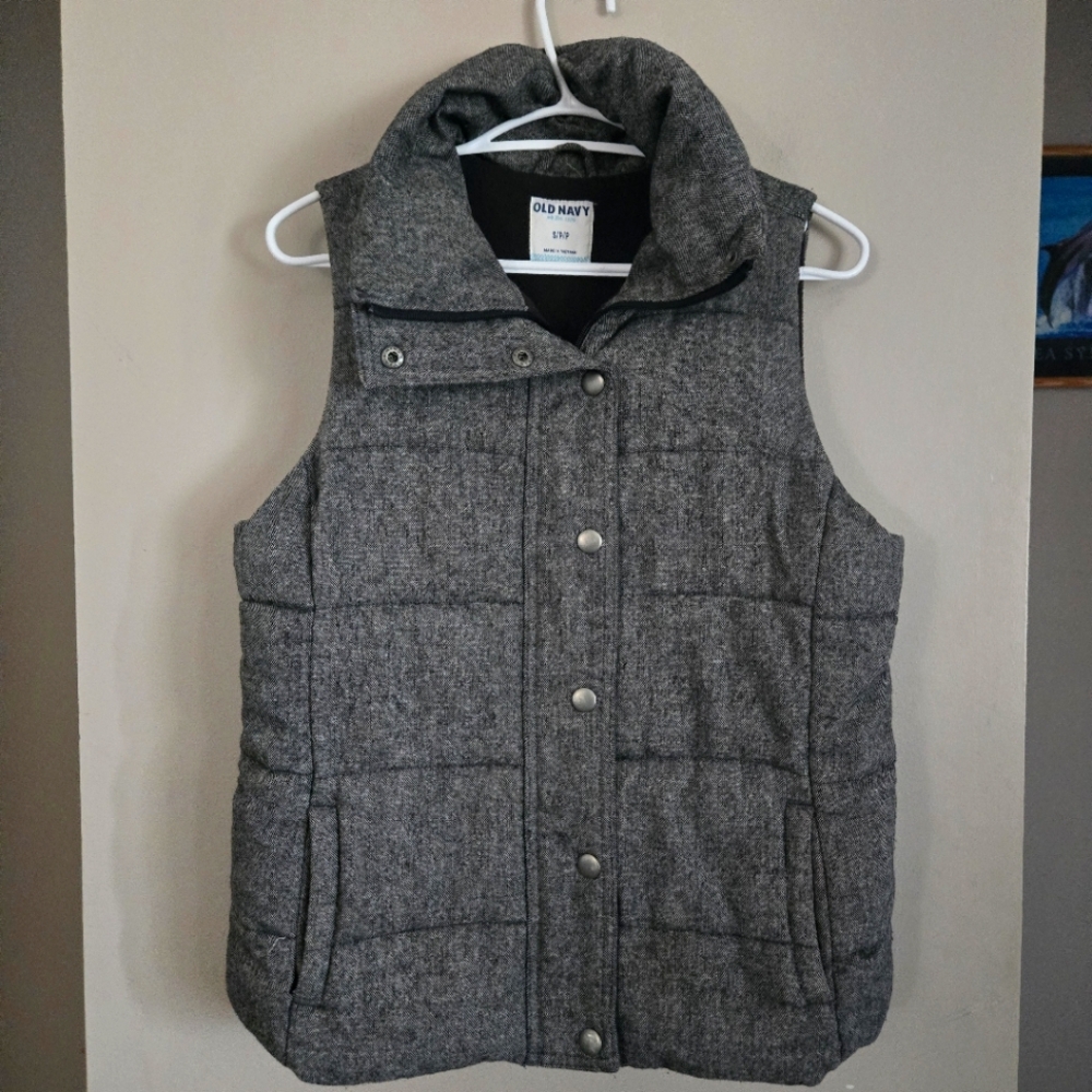 Old Navy Women's Gray Puffer Vest Tweed Fleece Lined
